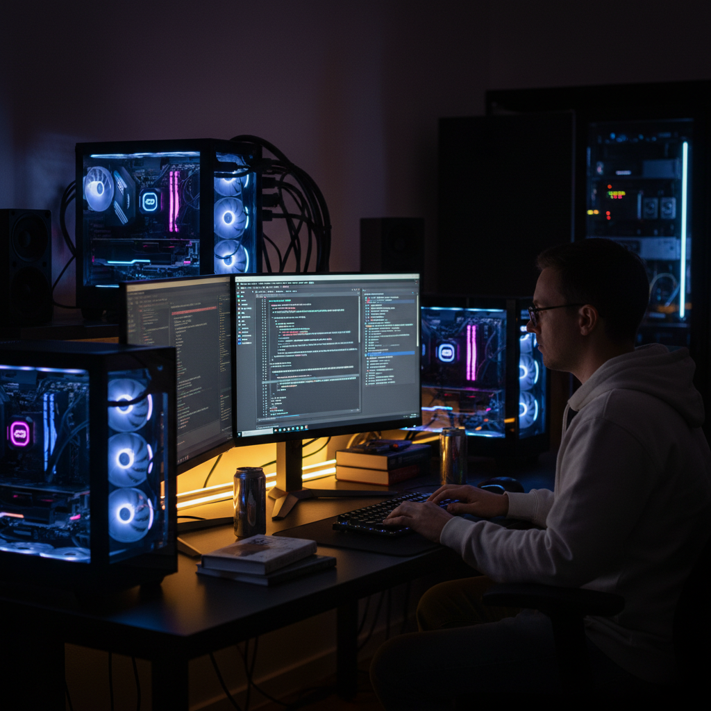 Developer self-hosting AI image generator on a home lab workstation with multiple GPUs glowing with status LEDs, code editor showing Python and Docker config for local AI image generation, dark studio environment with warm yellow accent lighting