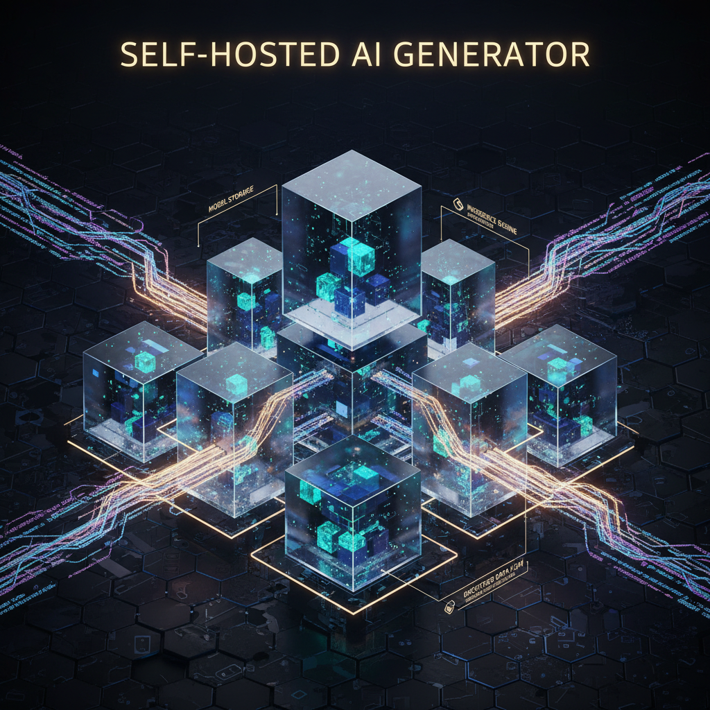 Self-hosted AI image generator architecture visualization with futuristic glass blocks showing model weights, encrypted data flowing between Docker containers, dark cyber background with golden energy streams illustrating on-premise AI infrastructure