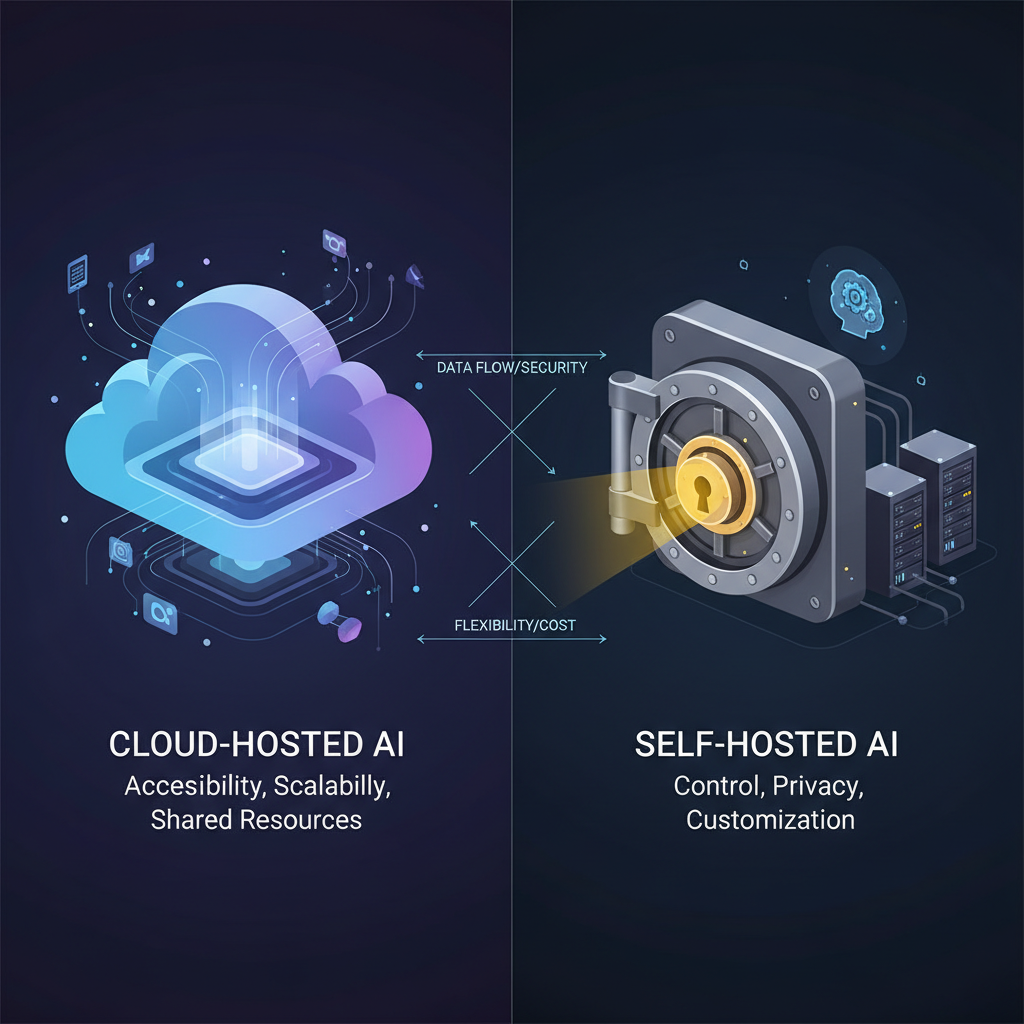 Comparison of cloud vs self-hosted AI image generation split screen — locked vault on the right with yellow glow representing private on-premise AI vs open cloud on the left, professional dark-theme infographic for self-hosted image tools decision guide