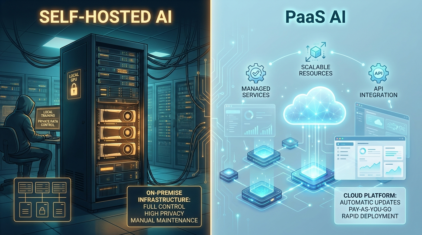 Self-hosted AI vs PaaS AI — a split-screen illustration contrasting a private on-premise GPU server rack with a bright managed cloud platform, created with the AI infrastructure art generator