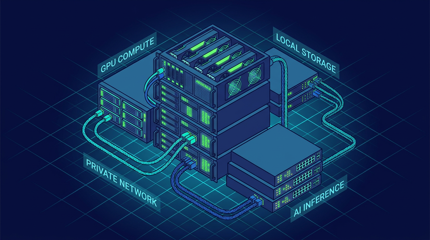 Self-hosted AI — an isometric on-premise GPU server rig with glowing status lights and local storage on a cyan grid, made with the AI infrastructure art generator