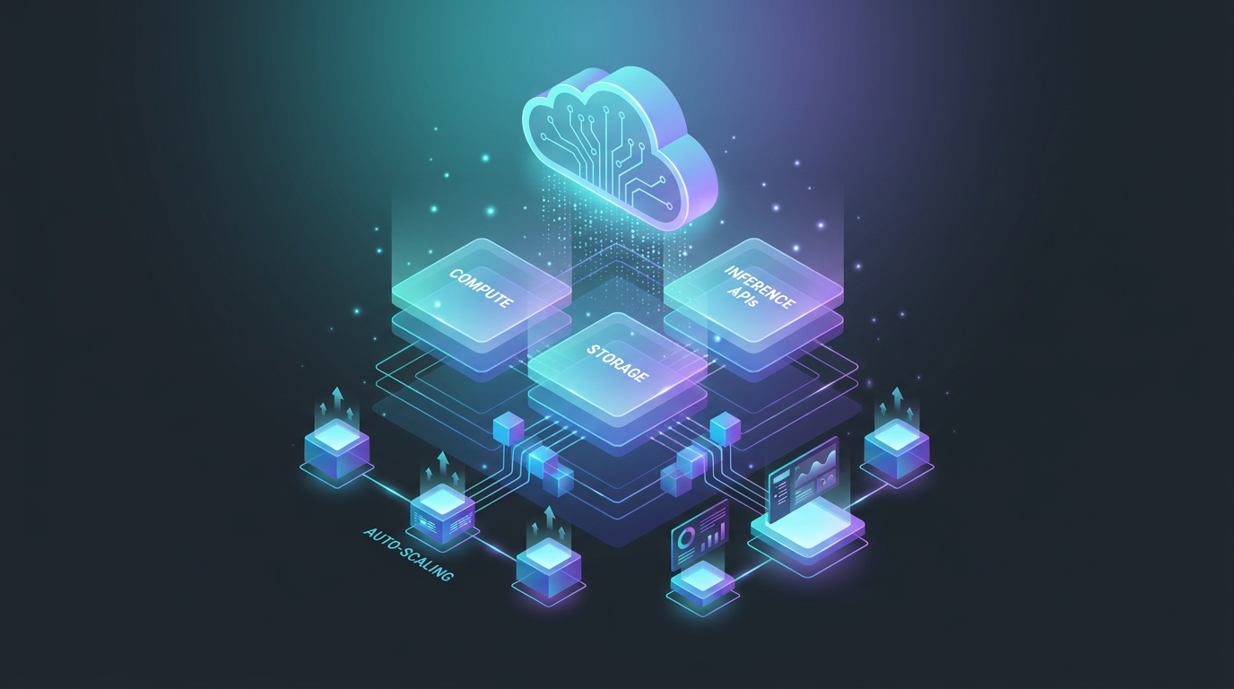 PaaS AI — an isometric managed cloud platform with floating service layers, dashboards, and auto-scaling nodes in a teal to violet gradient, generated by the AI infrastructure art generator
