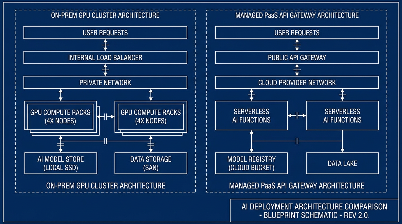 Self-hosted AI vs PaaS AI — a blueprint schematic comparing an on-prem GPU cluster with a managed PaaS API gateway in white line drawings on navy, created with the AI infrastructure art generator
