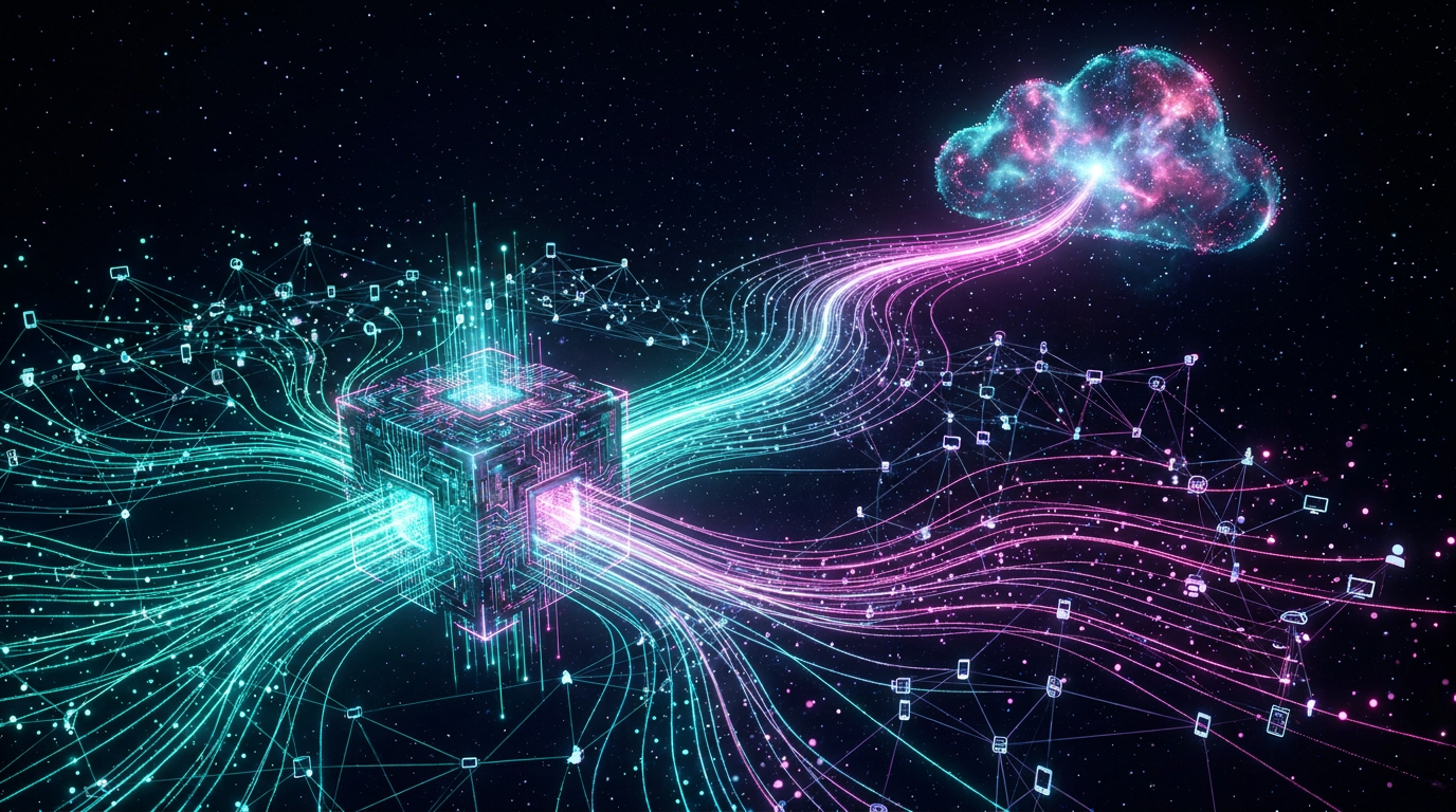 Hybrid AI infrastructure — abstract network data-flow art of glowing streams traveling between a local private server and a distant cloud platform, made with the AI infrastructure art generator