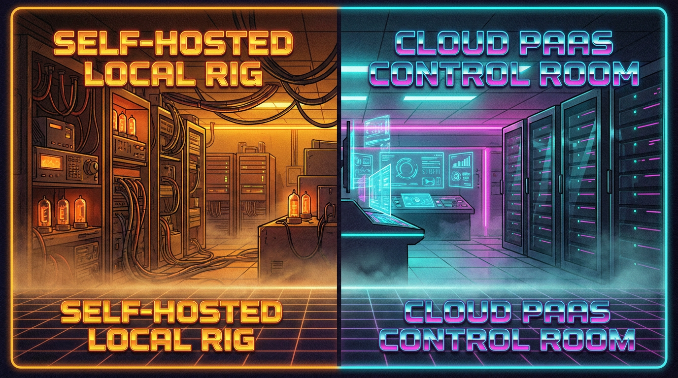 Self-hosted AI vs PaaS AI — a synthwave neon server room split into a warm amber self-hosted rig and a cool cyan cloud PaaS control room, created by the AI infrastructure art generator
