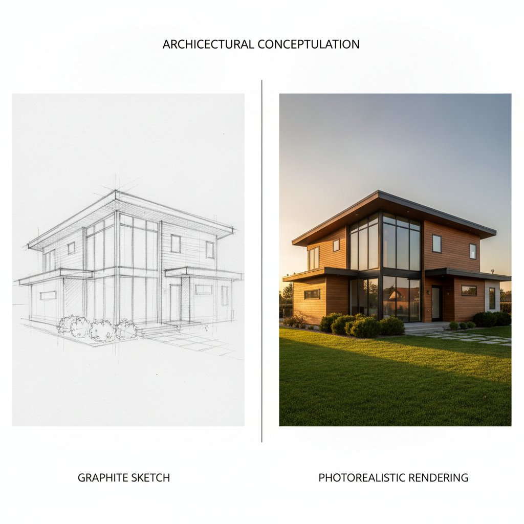 Sketch to image AI result showing a rough pencil sketch of a modern house beside the matching photorealistic architectural photograph in golden hour light