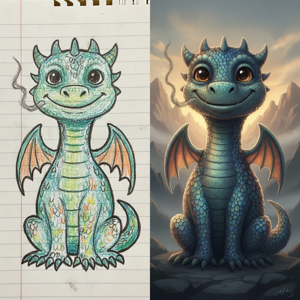 A child crayon doodle of a dragon converted by sketch to image AI into a polished cinematic fantasy creature illustration in the same pose