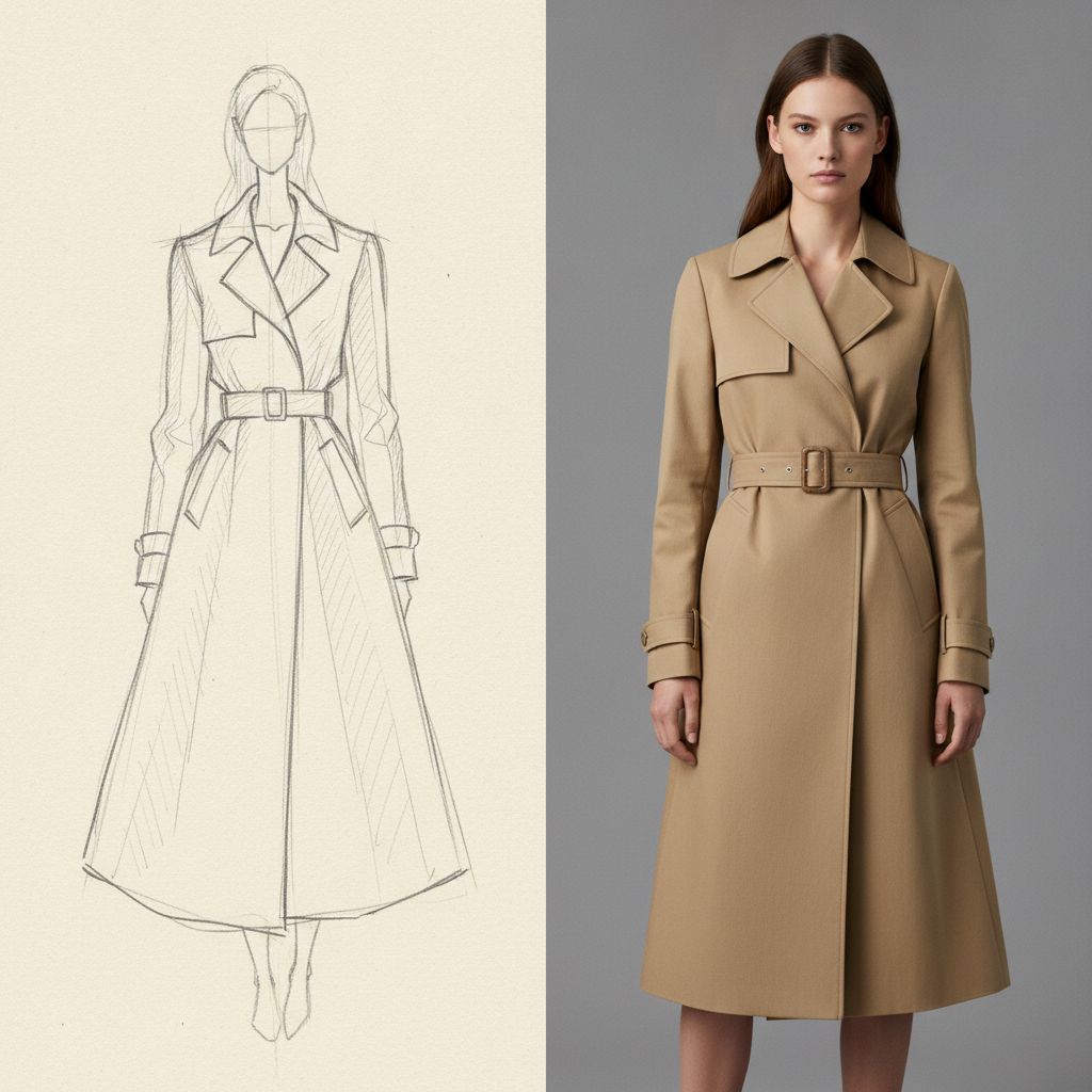Fashion croquis sketch of a belted trench coat turned into a photorealistic studio fashion photograph with real gabardine texture and stitching