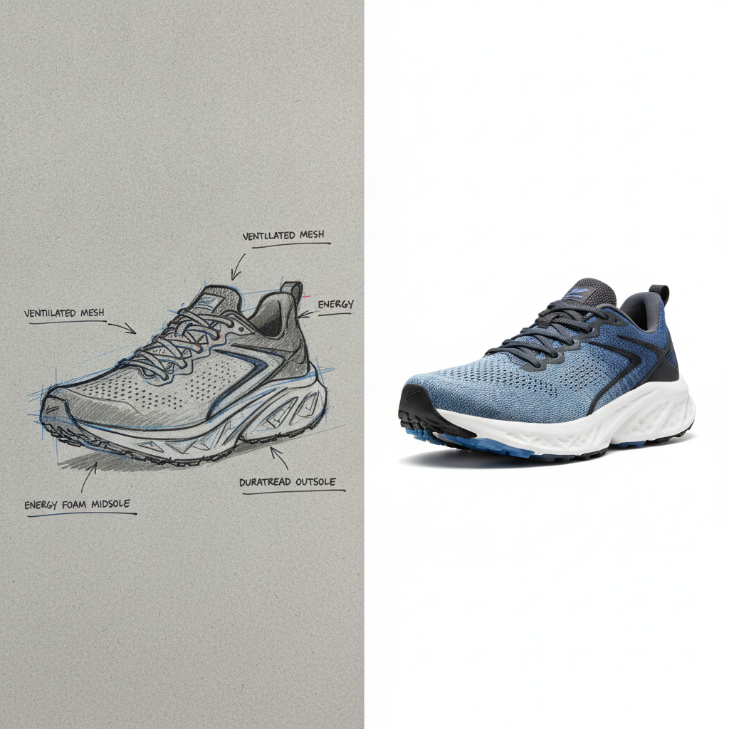 Industrial design marker sketch of a running sneaker rendered as a photorealistic white background e-commerce product shot with matching panel lines