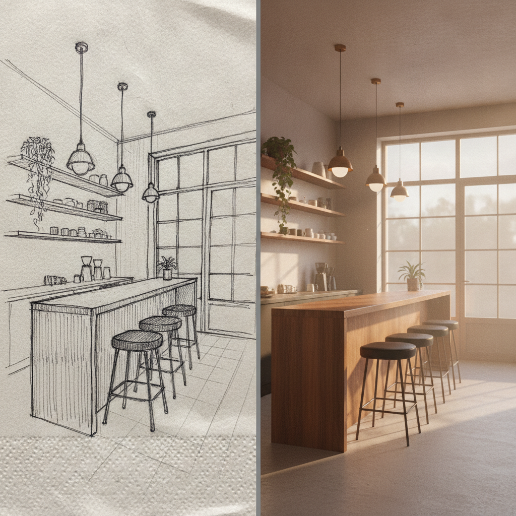 Ballpoint napkin sketch of a coffee shop interior converted into a photorealistic interior design render keeping the same perspective and layout