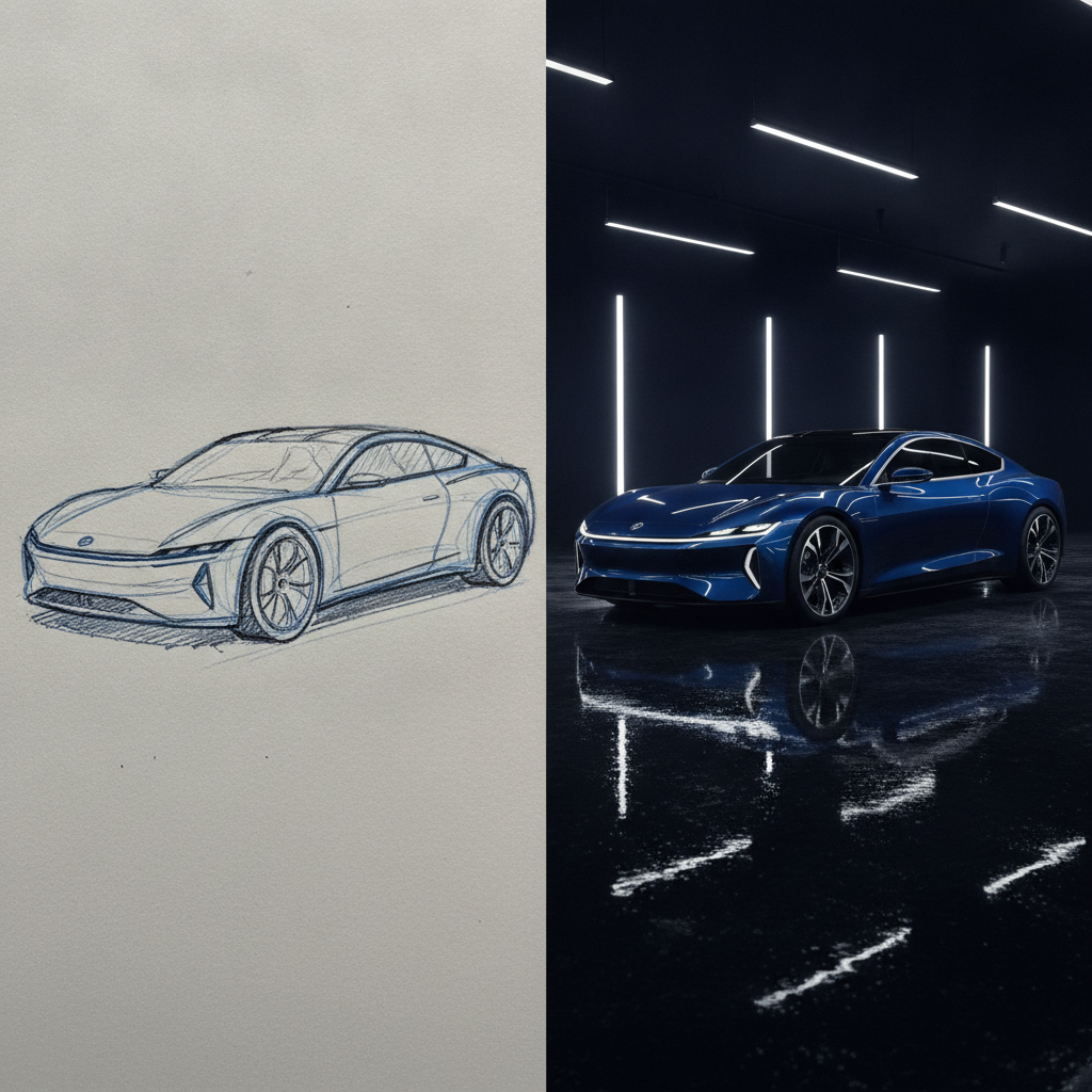 Loose marker concept sketch of an electric coupe rendered as a glossy photorealistic automotive advertising photograph with identical proportions