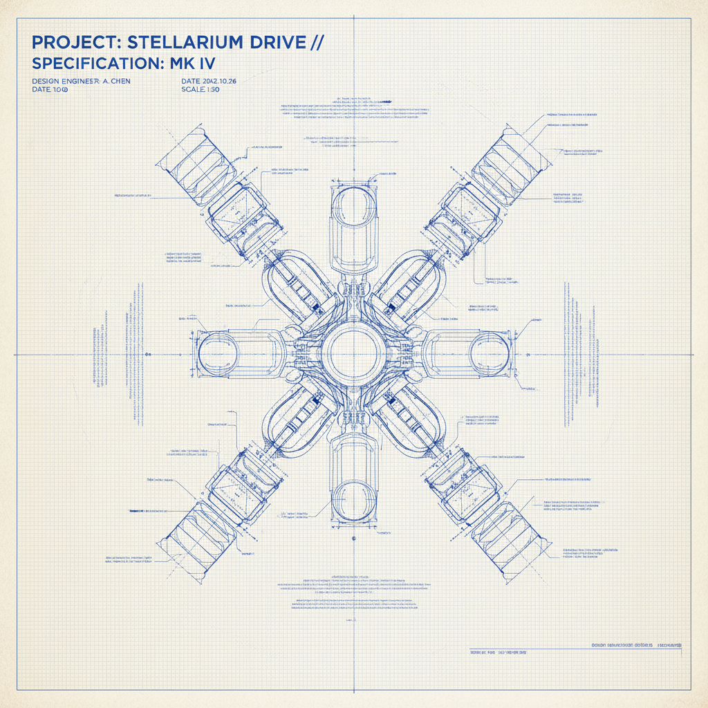 Spec-driven AI design generator output of a precise technical blueprint poster with annotated dimensions and a clean drafting grid