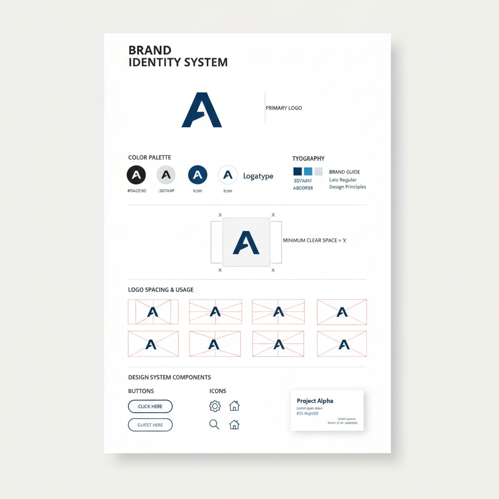 Spec-driven brand identity sheet with logo variations, exact color codes, and spacing guides generated from a written specification
