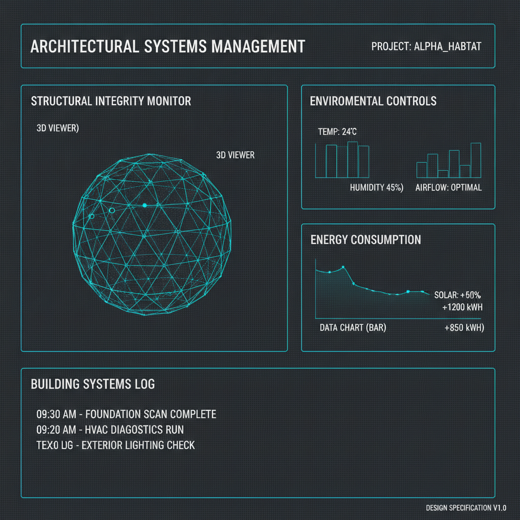 Specification-based UI dashboard wireframe with labeled components and pixel-perfect grid alignment in dark slate and cyan