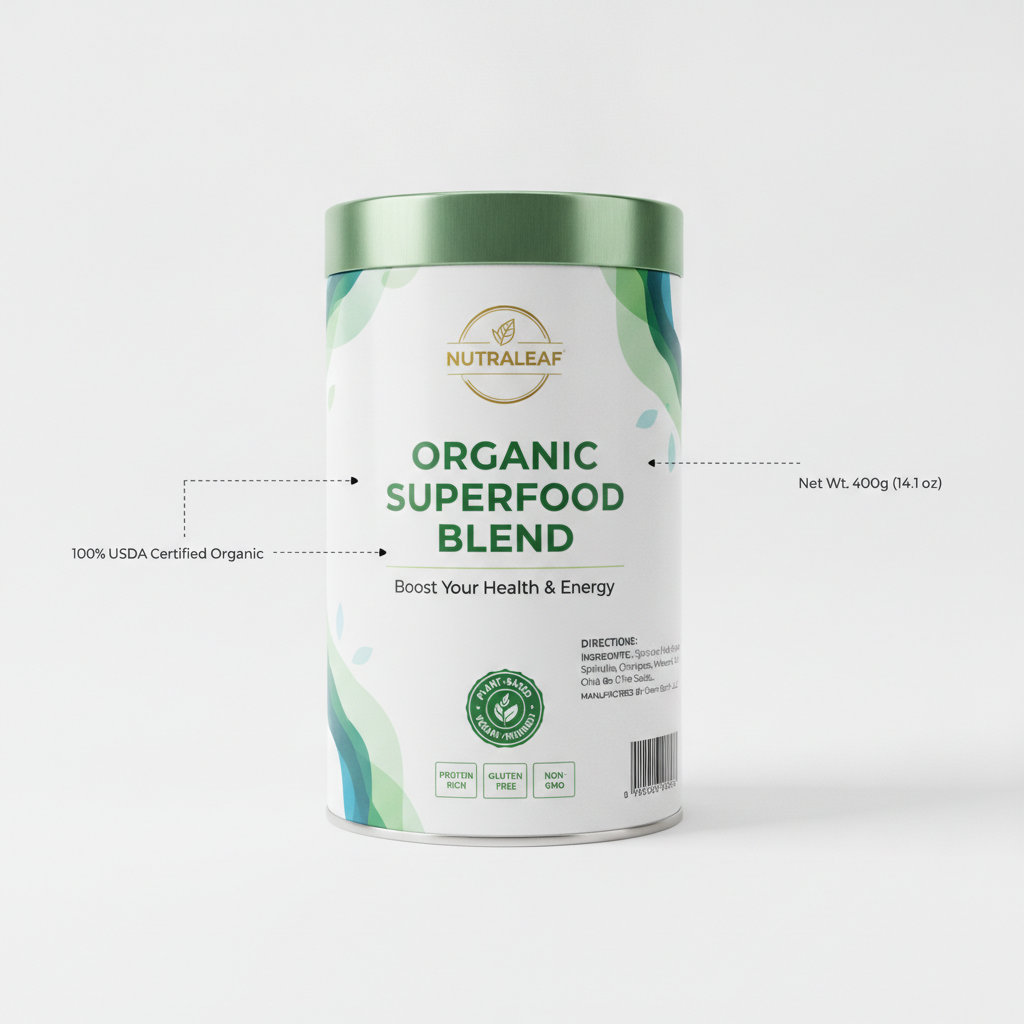 Detailed product packaging mockup rendered from a written brief with exact proportions and callout labels