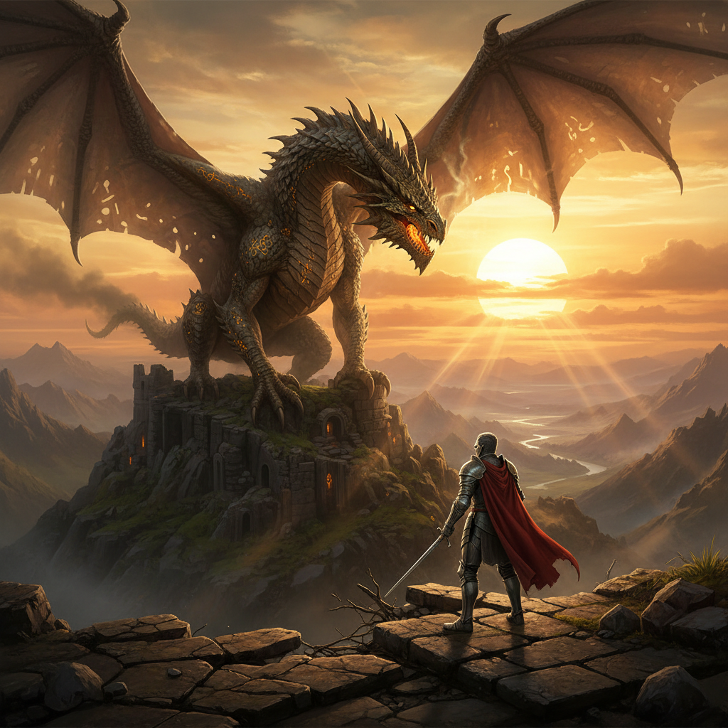 AI fantasy art generator result — an armored knight facing a colossal ancient dragon on a mountain ruin at sunset
