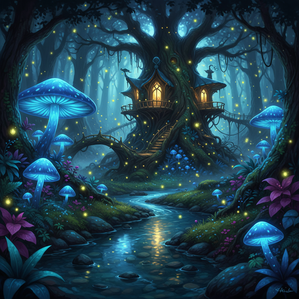 Fantasy art of an enchanted forest with glowing blue mushrooms and a hidden elven treehouse, created by AI