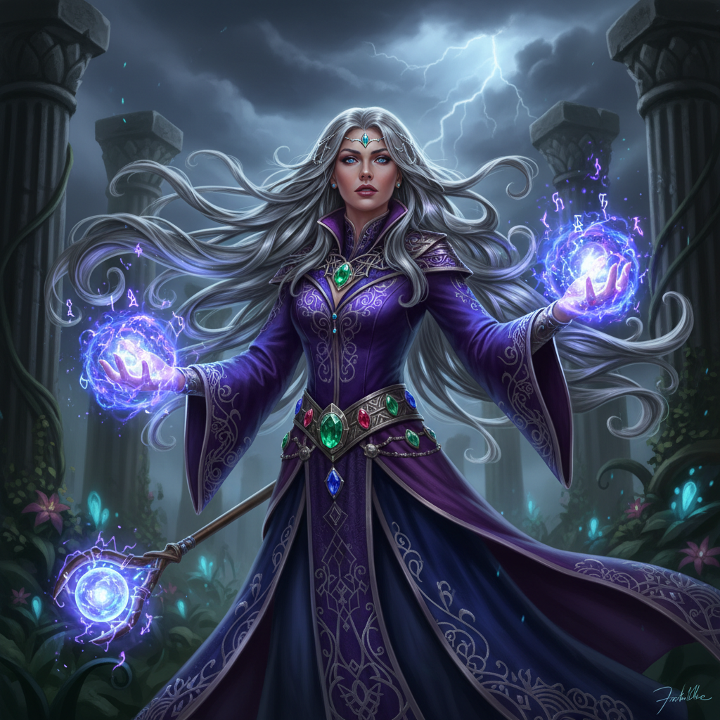 AI fantasy portrait of a silver-haired sorceress casting a glowing arcane spell in ornate jeweled robes