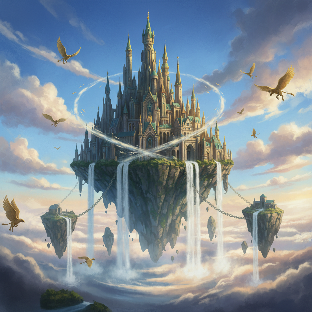 Majestic floating fantasy castle above the clouds with waterfalls and flying griffins, AI concept art