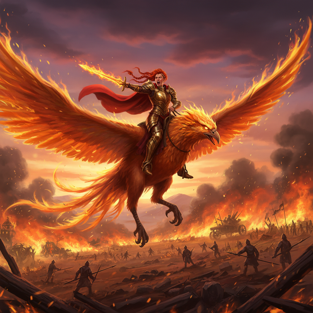 AI fantasy art of a warrior queen riding a phoenix over a burning battlefield at dusk