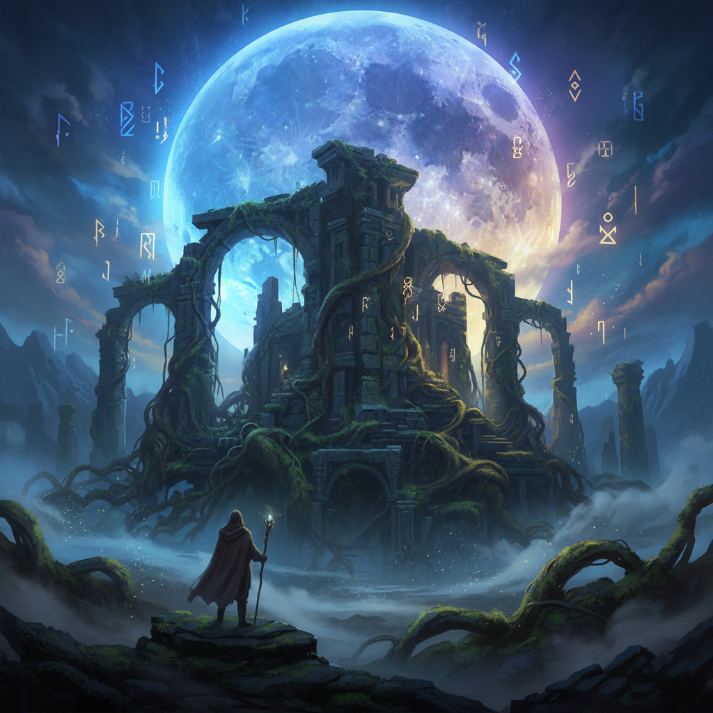 Mystical fantasy landscape of an ancient ruined temple with a giant glowing moon and floating runes, AI art
