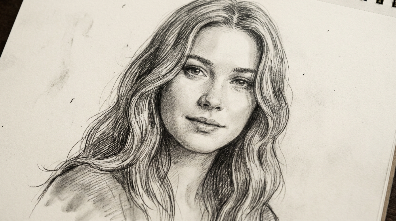 AI pencil sketch generator result — a detailed graphite pencil sketch portrait of a young woman with fine cross-hatching