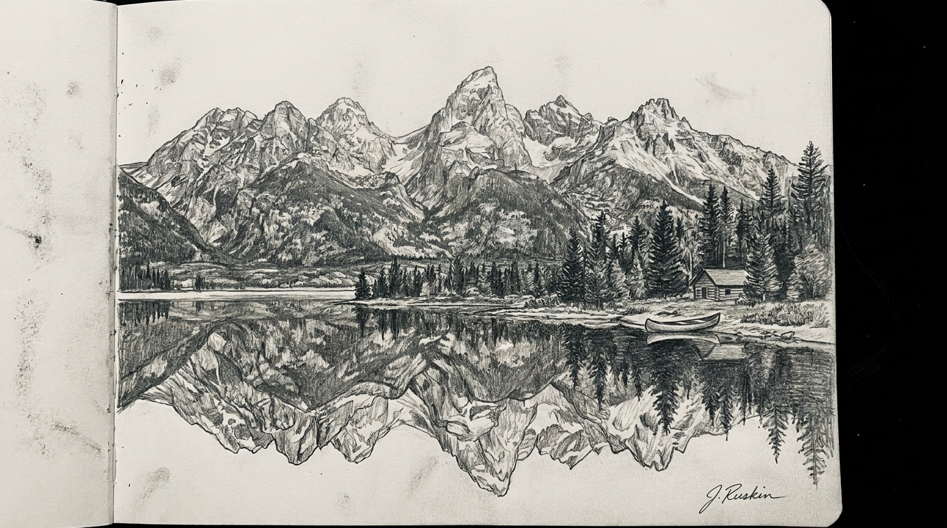 AI pencil sketch of a mountain landscape with a lake reflection, hand-drawn graphite shading on sketch paper