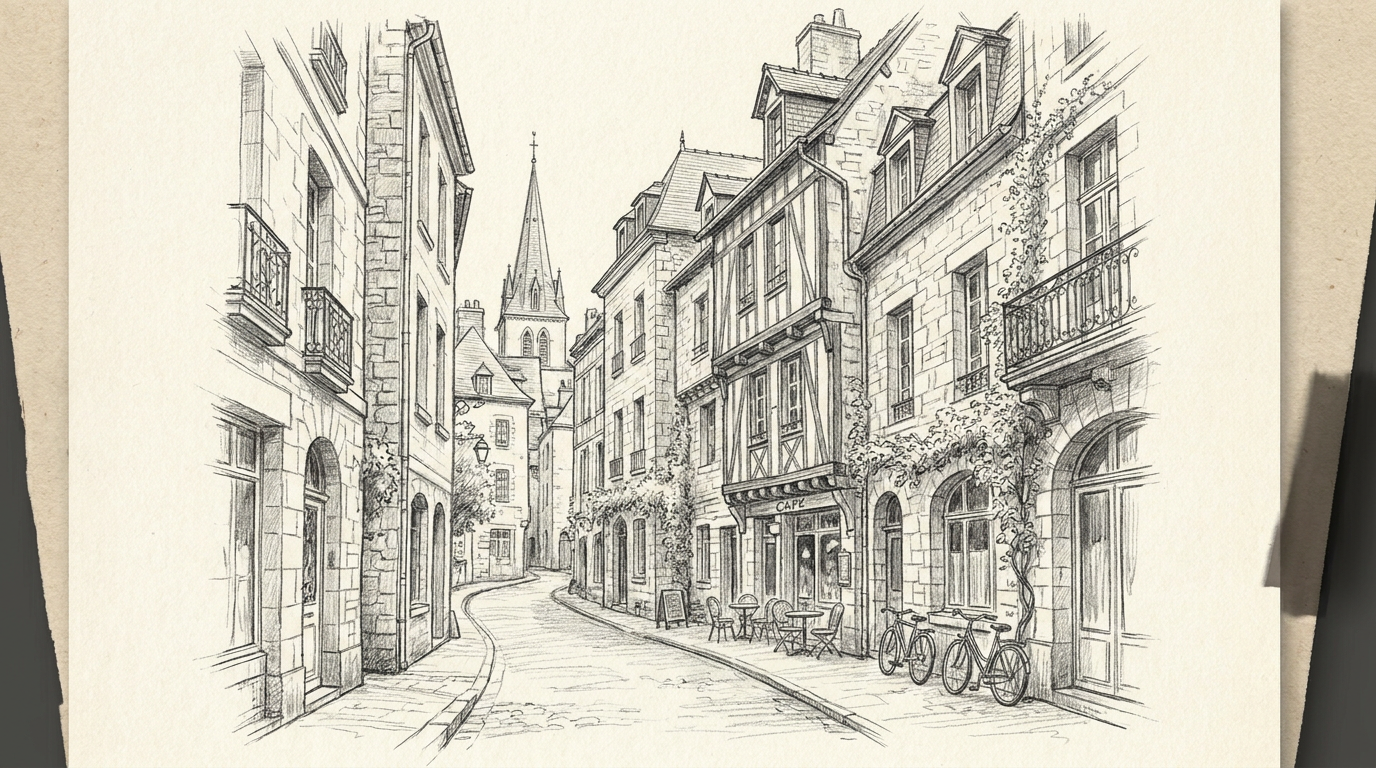 Architectural pencil sketch of a European street with fine graphite linework created by the AI pencil sketch generator
