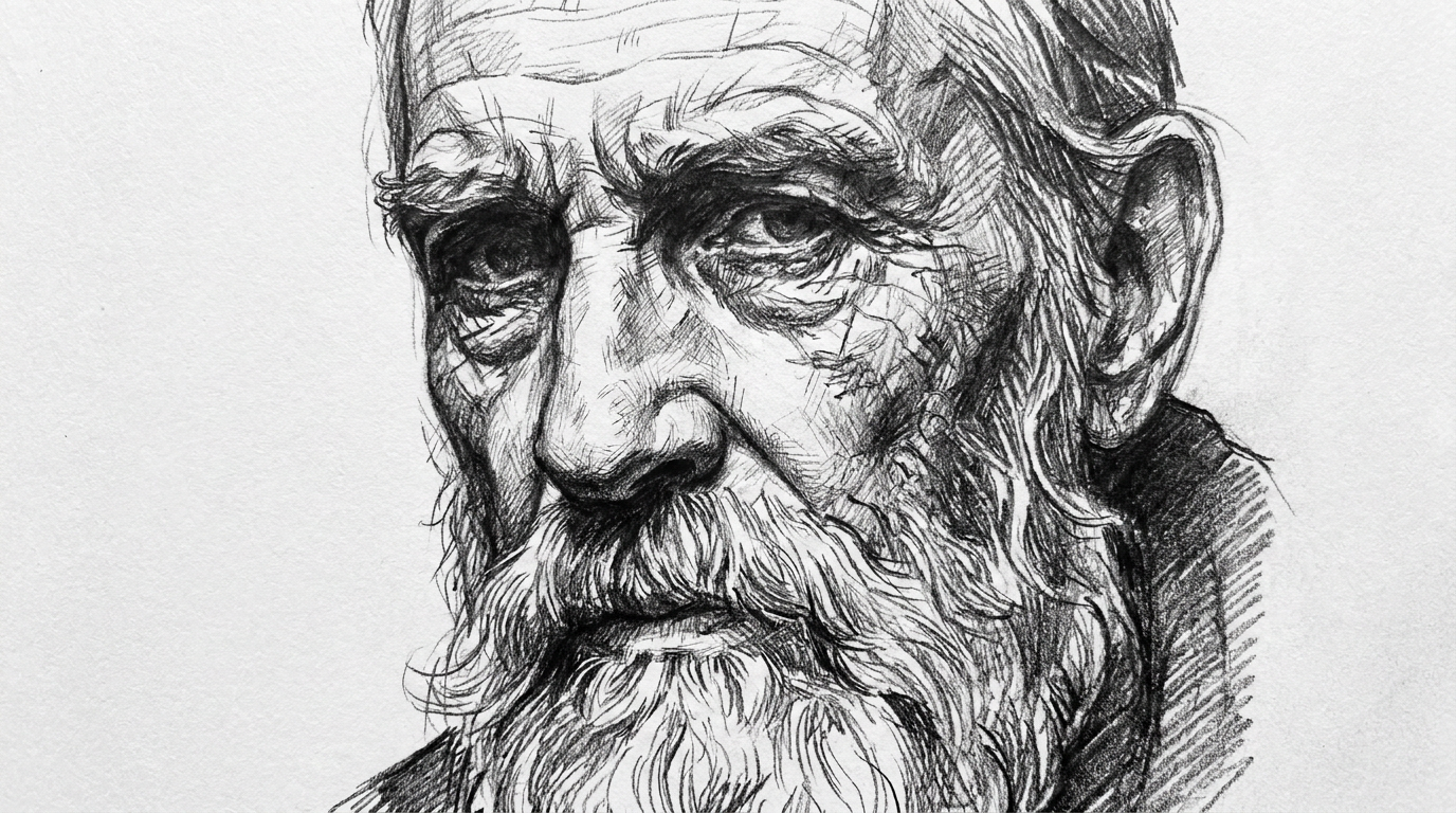Expressive AI pencil sketch portrait of an elderly man with a beard, deep graphite shadows and fine detail