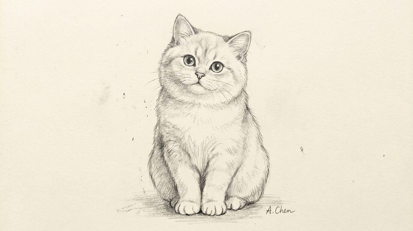 Pencil sketch of a cute cat with soft graphite shading and delicate fur texture, drawn by AI