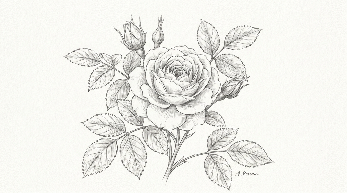 Botanical AI pencil sketch of a blooming rose with fine line art and subtle graphite shading