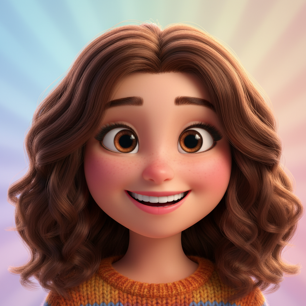 3D Pixar-style animated character portrait of a cheerful young woman with big expressive eyes and glossy hair