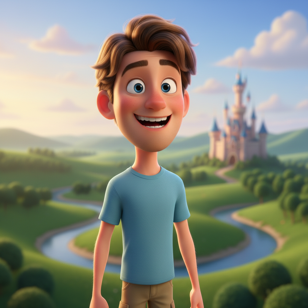 Disney Pixar-style 3D animated character of a smiling young man with friendly expressive eyes