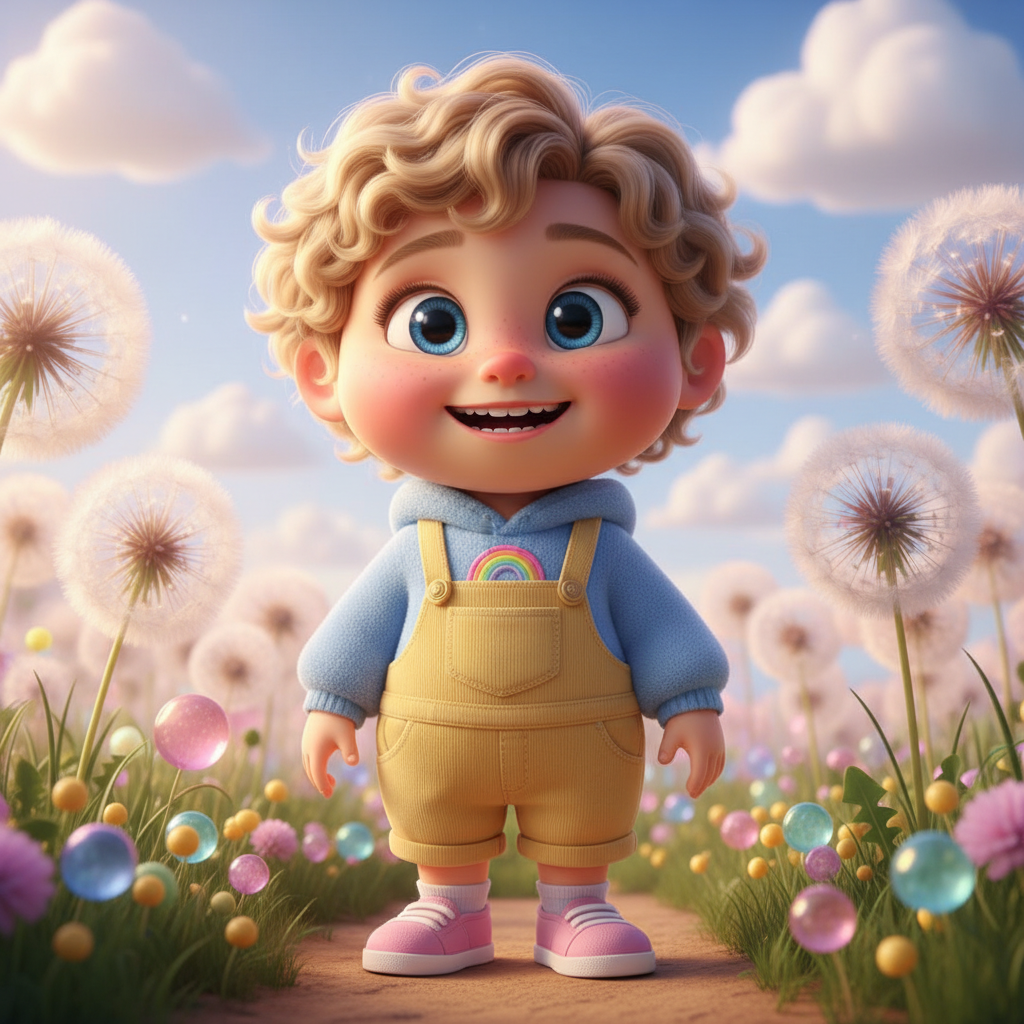 Cute 3D Pixar-style animated child character with huge sparkling eyes and a joyful smile