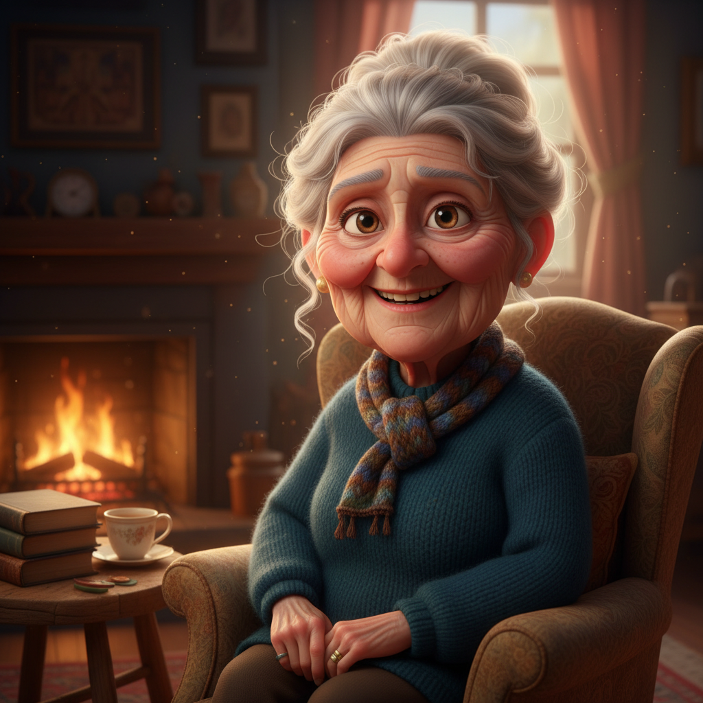 3D Pixar-style animated elderly character with a kind face and warm smile in a polished movie render