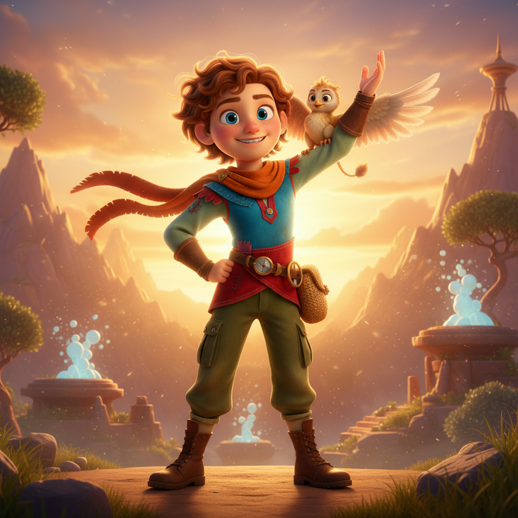 Heroic 3D Pixar-style animated character in a colorful adventure outfit, animated movie poster look