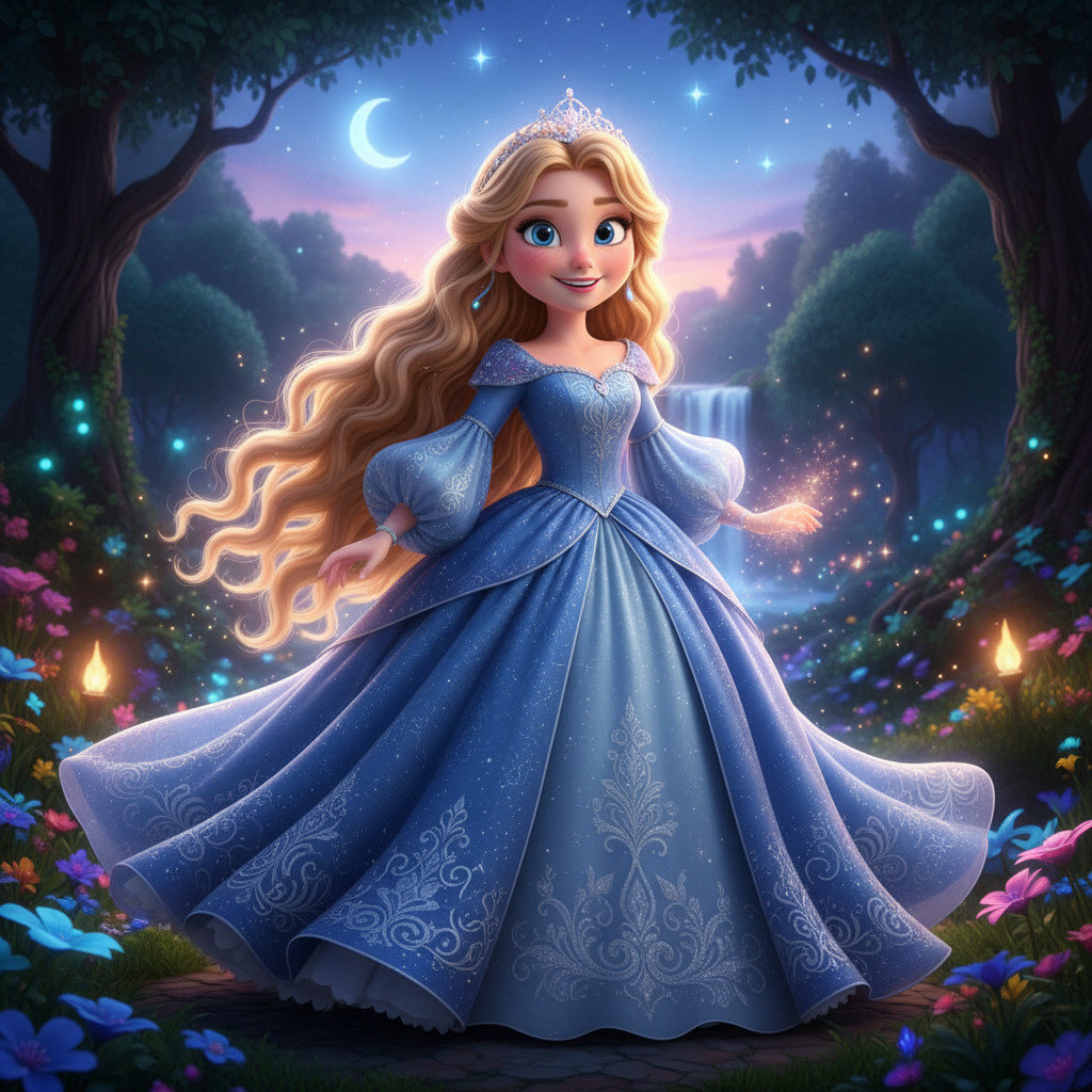 3D Pixar-style animated Disney princess character with flowing hair and magical cinematic lighting