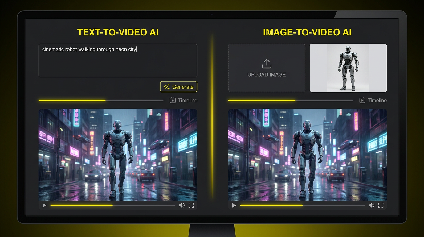 Text-to-video vs image-to-video — split-screen showing typed prompt generating a futuristic robot scene on the left next to an uploaded photo being animated into the same cinematic shot on the right