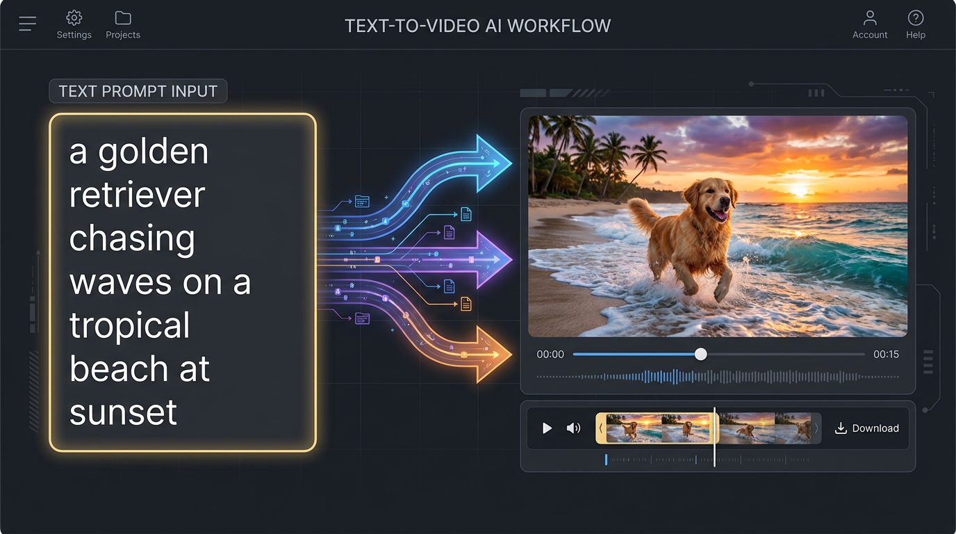 Text-to-video AI workflow diagram — large prompt box on the left generating a 16:9 video clip with timeline on the right, clean dark SaaS dashboard UI