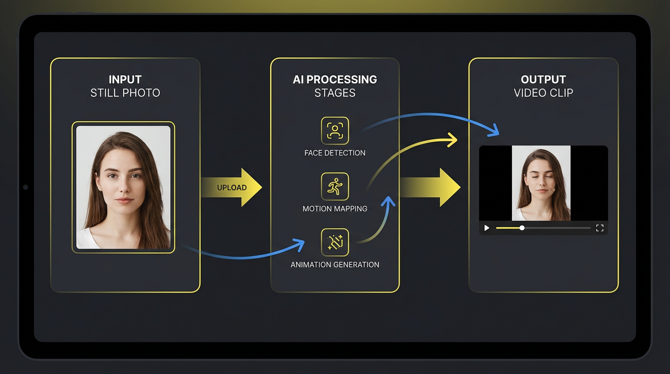 Image-to-video AI workflow diagram — uploaded portrait morphing into an animated talking video clip with subtle blink and head turn, motion path arrows overlay, modern dark interface
