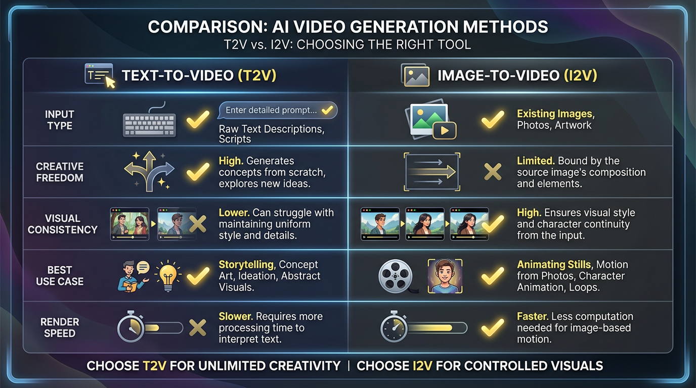 Text-to-video vs image-to-video comparison infographic — two columns covering input type, creative freedom, visual consistency, render speed, and best use case, professional SaaS marketing graphic