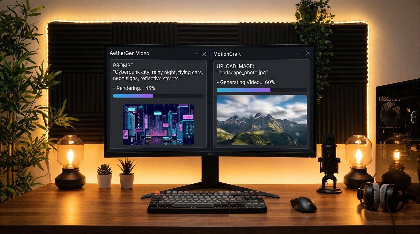 Content creator workspace with both video tools open side by side — text-to-video prompt panel and image-to-video upload panel rendering preview clips on a large desktop monitor