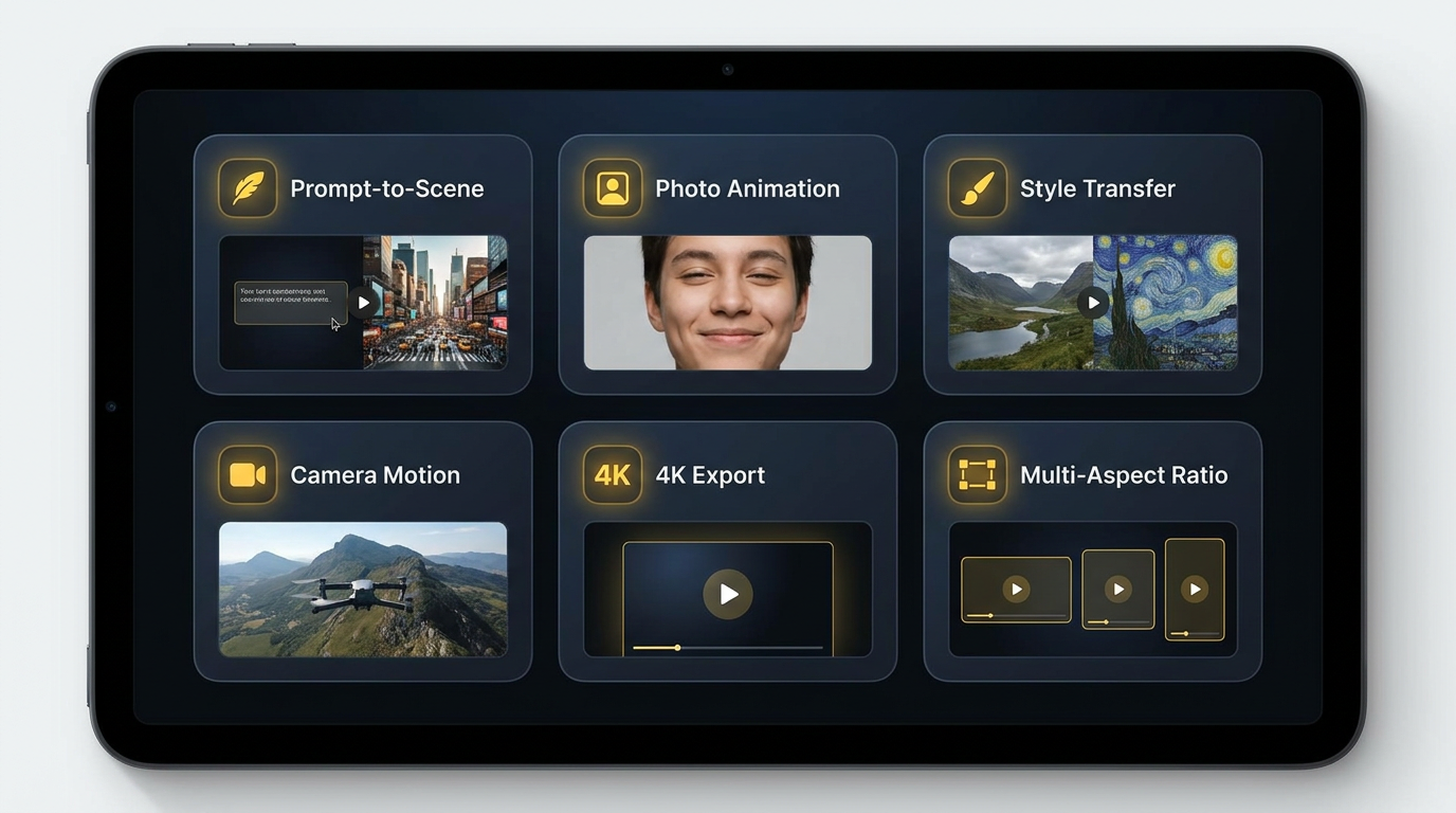 AI video generation feature grid — six panel cards labeled Prompt-to-Scene, Photo Animation, Style Transfer, Camera Motion, 4K Export, Multi-Aspect Ratio, modern SaaS marketing layout