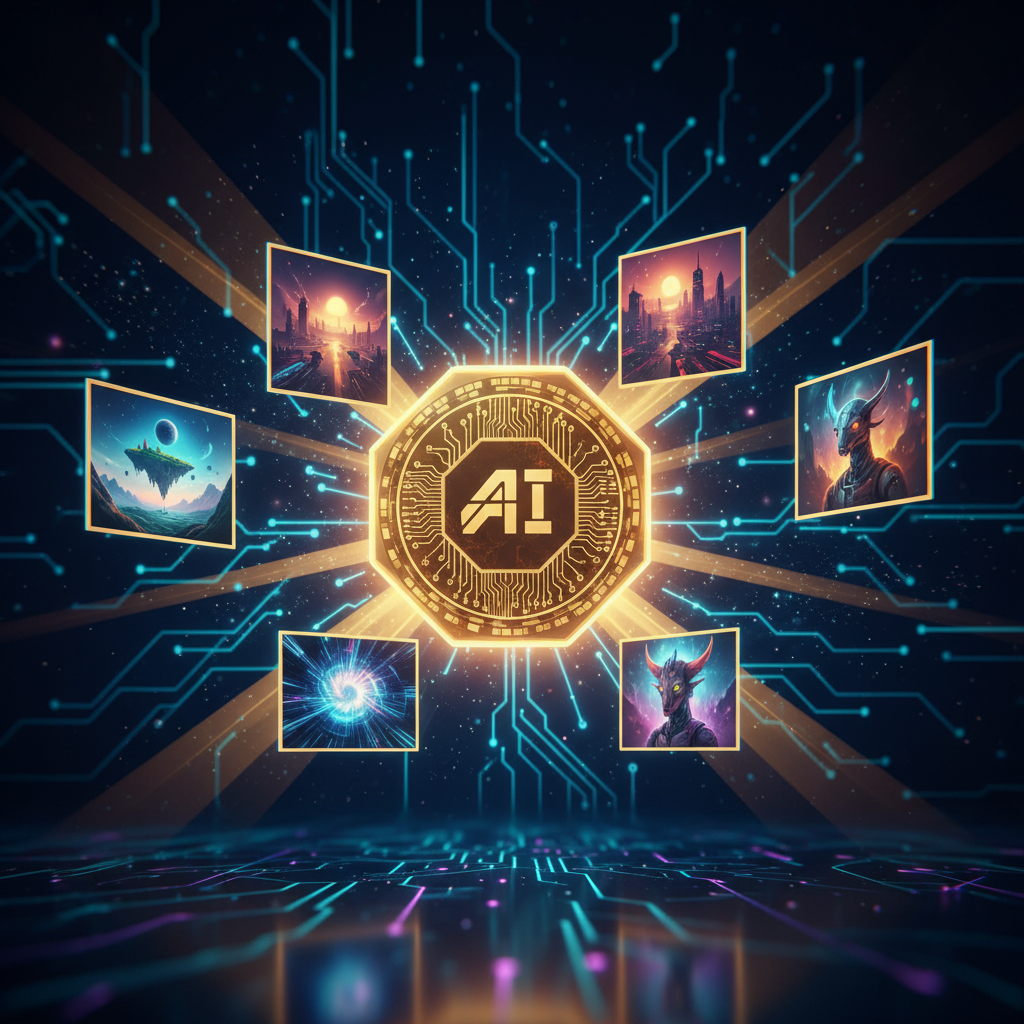 Token-based AI image generator concept art — holographic gold and amber crypto-style token suspended in midair emitting beams of light that morph into a gallery of AI-generated images, futuristic dark midnight blue background with circuit patterns