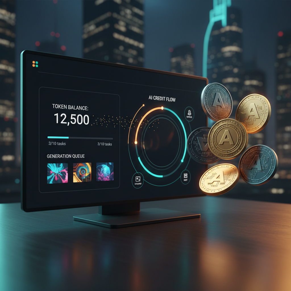 Token-based AI image generator dashboard hero with token balance counter, animated credit flow, and AI generation queue with stacks of 3D coin tokens floating beside the screen, amber and teal accent glow