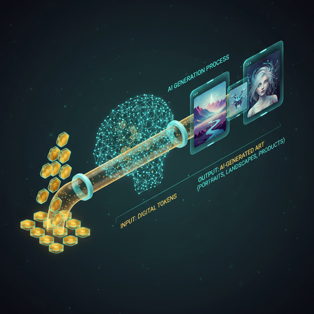Token-based AI image generator workflow visualization showing digital tokens flowing through a luminous pipeline into a neural network and emerging as AI-generated portraits, landscapes, and product images, isometric style on dark cosmic gradient
