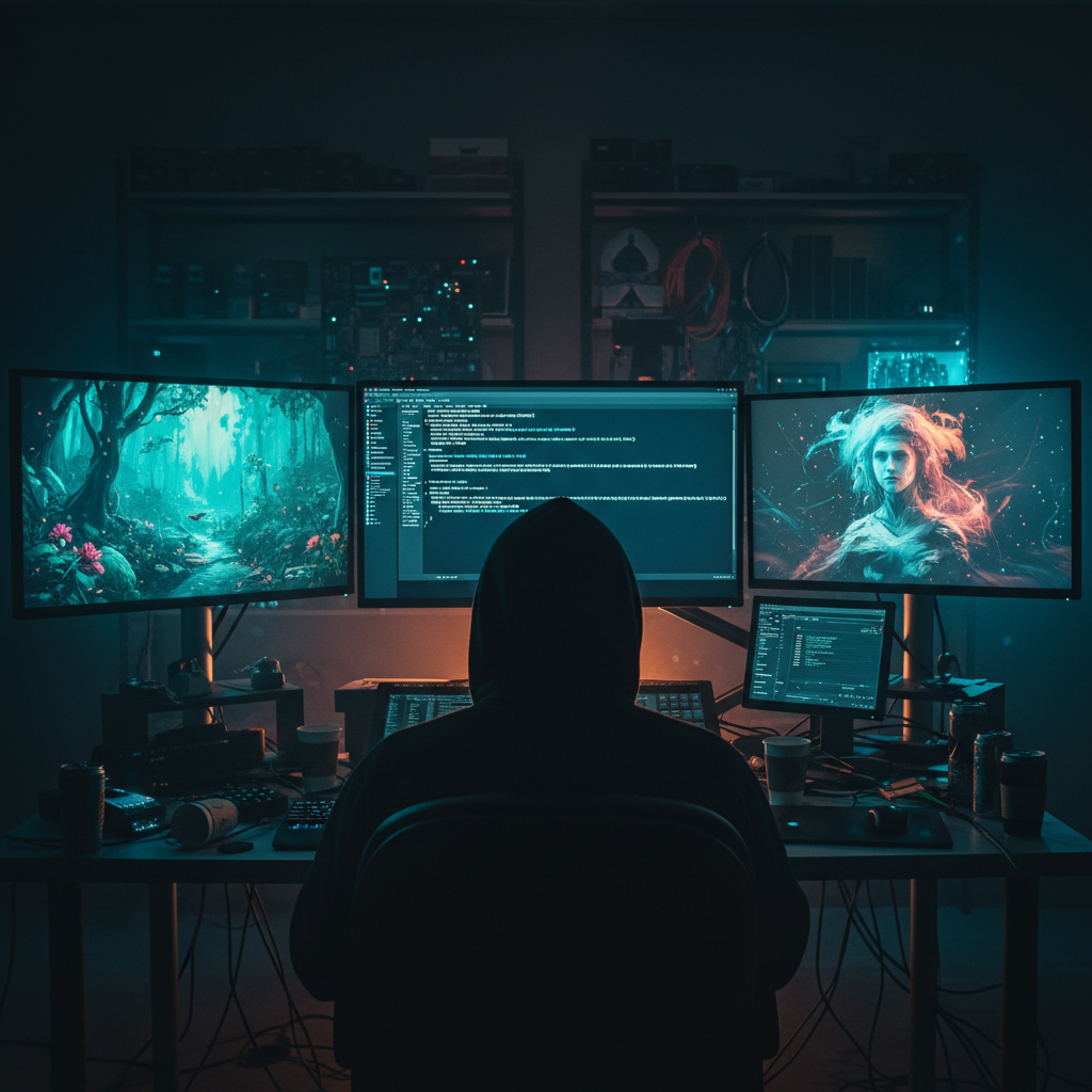 Developer workspace photo for token-based AI image generation — hooded developer at a multi-monitor setup with terminal showing token API calls and AI-generated images rendering live on screen, warm amber rim light meets cool cyan