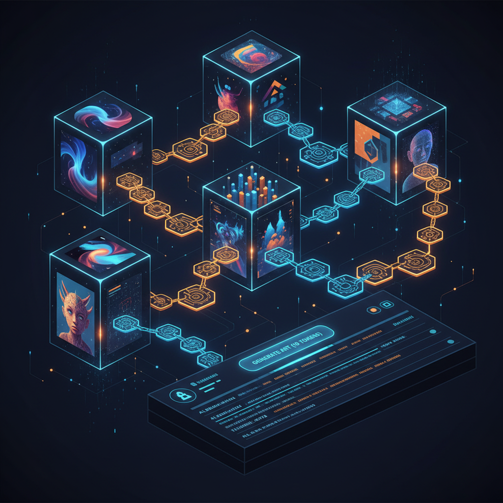 Token-based AI image generator on a crypto exchange aesthetic — stylized blockchain ledger where each block contains a unique AI-generated artwork with luminous tokens linking the blocks, neon amber and electric blue Web3 illustration