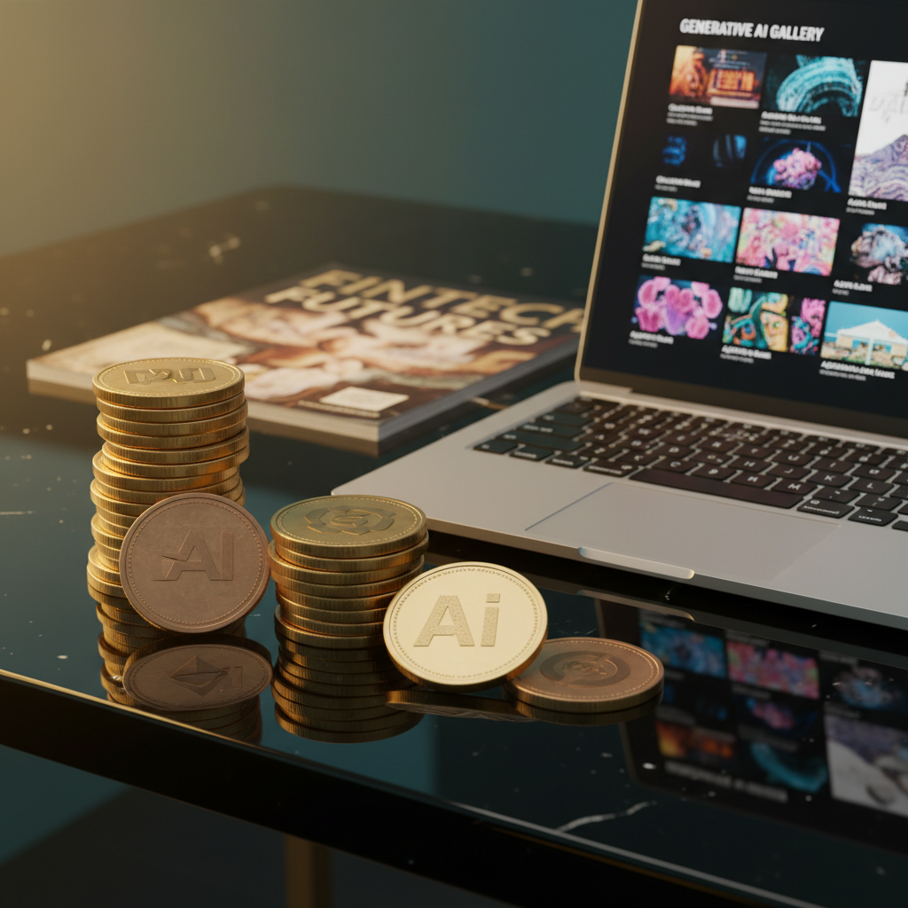 Editorial still life for token-based AI image generator — stacked metallic gold and bronze crypto-style tokens beside an open laptop displaying a generative AI gallery interface, cinematic key light, gold-and-teal grading
