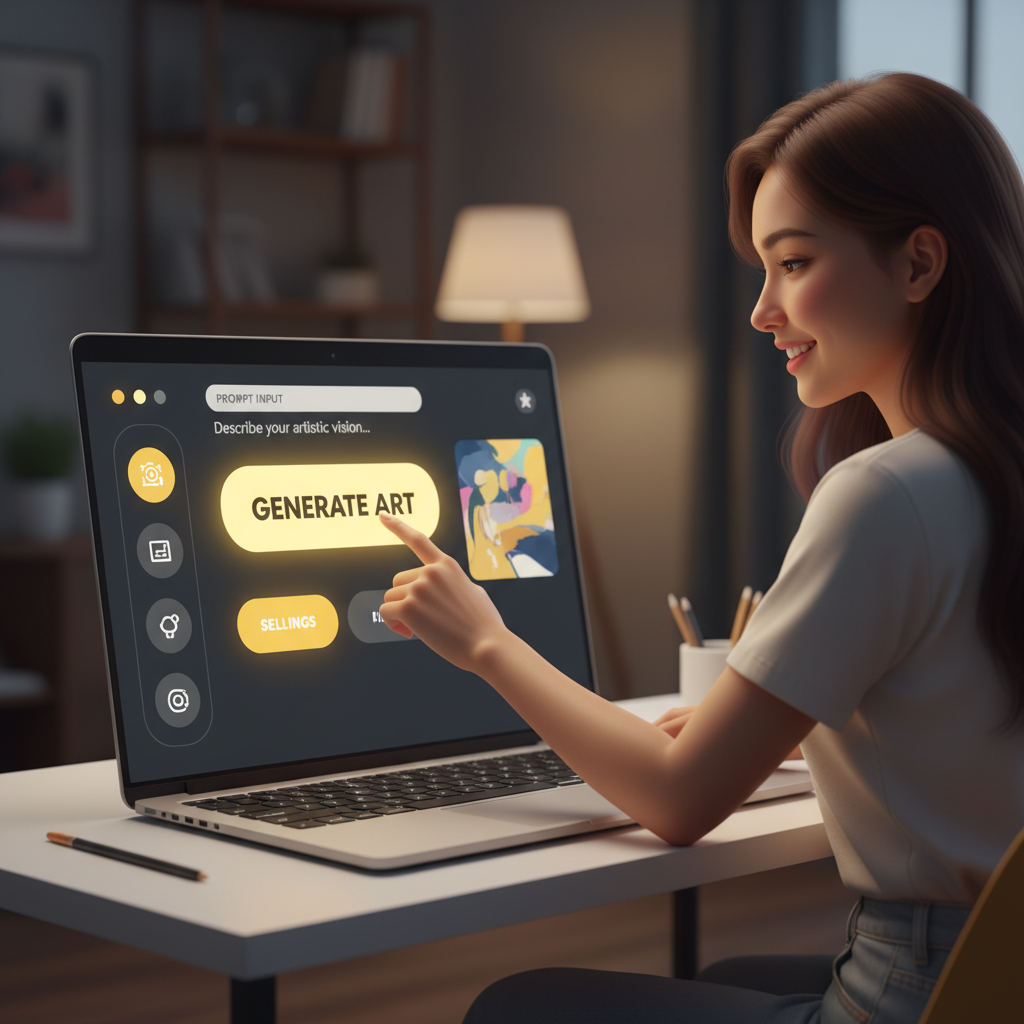 User-friendly AI image generator hero — clean modern dashboard with large friendly buttons, smiling beginner using laptop to generate AI art with one click, soft yellow and amber accent colors, beginner-friendly easy AI art tool interface